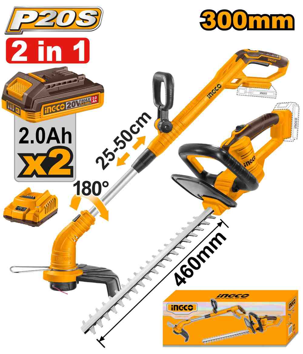 image105.jpeg مجموعة حشاشة 20 فولت احترافي مع مقص شجر و2 بطارية ليثيوم 2.0Ah وشاحن (2 قطعة) - Image 1