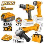 مجموعة مقدح بطارية 20 فولت احترافي مع كشاف و2 بطارية ليثيوم 4.0Ah وشاحن (3 قطعة)