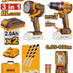 مجموعة مقدح شاكوش بطارية براشلس 20 فولت احترافي مع ميتر ليزر وكشاف و2 بطارية ليثيوم 2.0Ah وشاحن وشنطة (47 قطعة)