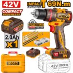 مقدح شاكوش بطارية 42 فولت 13 مم 69 نيوتن براشلس احترافي مع بطارية ليثيوم 2.0Ah وشاحن وشنطة (47 قطعة)