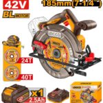 منشار دائري بطارية 42 فولت 20 مم براشلس احترافي مع بطارية ليثيوم 2.5Ah وشاحن