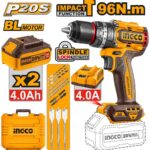 مقدح شاكوش بطارية 20 فولت 13 مم 96 نيوتن براشلس احترافي مع 2 بطارية ليثيوم 4.0Ah وشاحن وشنطة