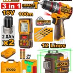 مجموعة مقدح شاكوش بطارية براشلس 16 فولت احترافي مع 2 بطارية ليثيوم 2.0Ah وشاحن وصندوق (3 قطعة)