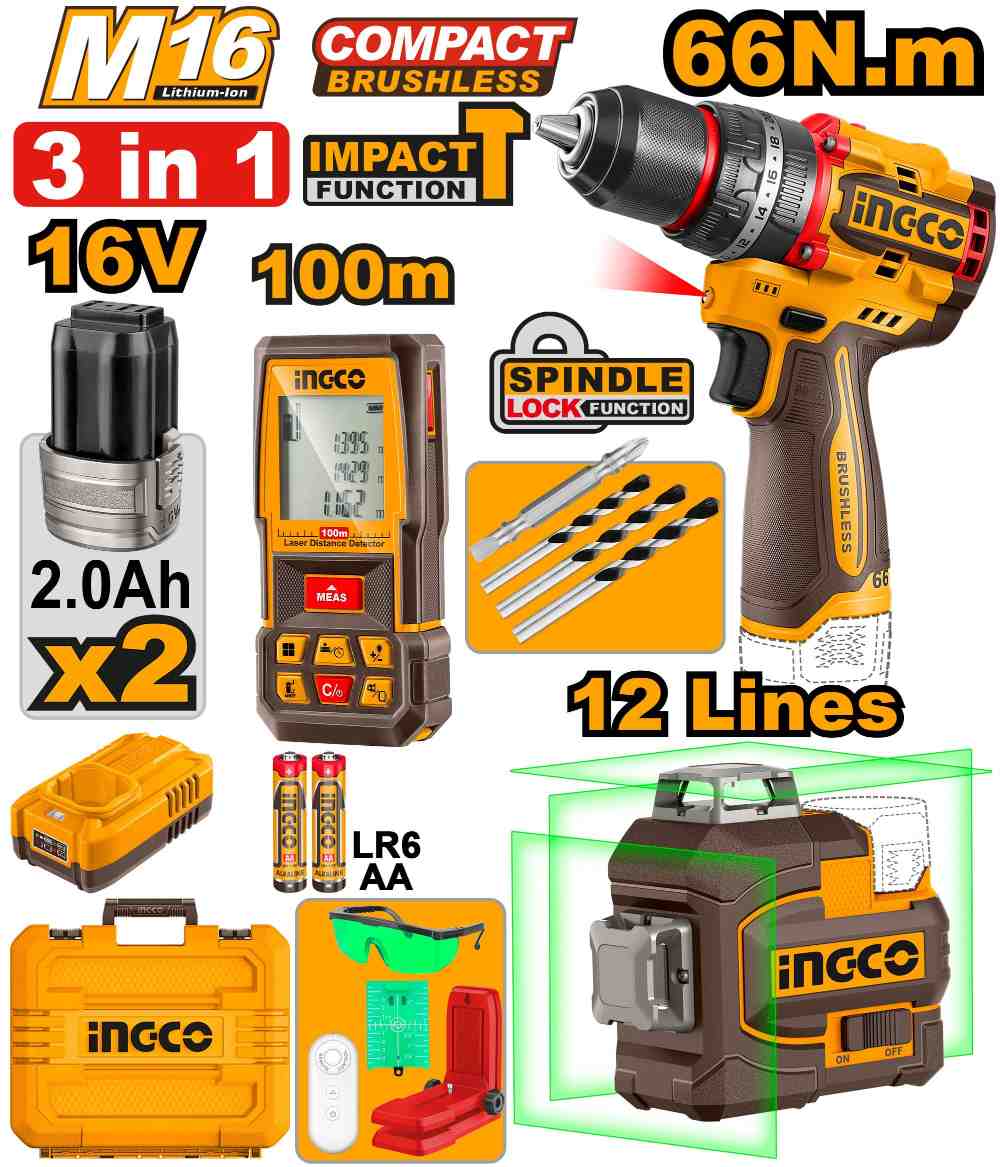 image151.jpeg مجموعة مقدح شاكوش بطارية براشلس 16 فولت احترافي مع 2 بطارية ليثيوم 2.0Ah وشاحن وصندوق (3 قطعة) - Image 1