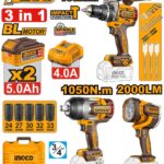 مجموعة مقدح شاكوش بطارية براشلس 20 فولت احترافي مع فرد شد وكشاف و2 بطارية ليثيوم 5.0Ah وشاحن وشنطة (3 قطعة)