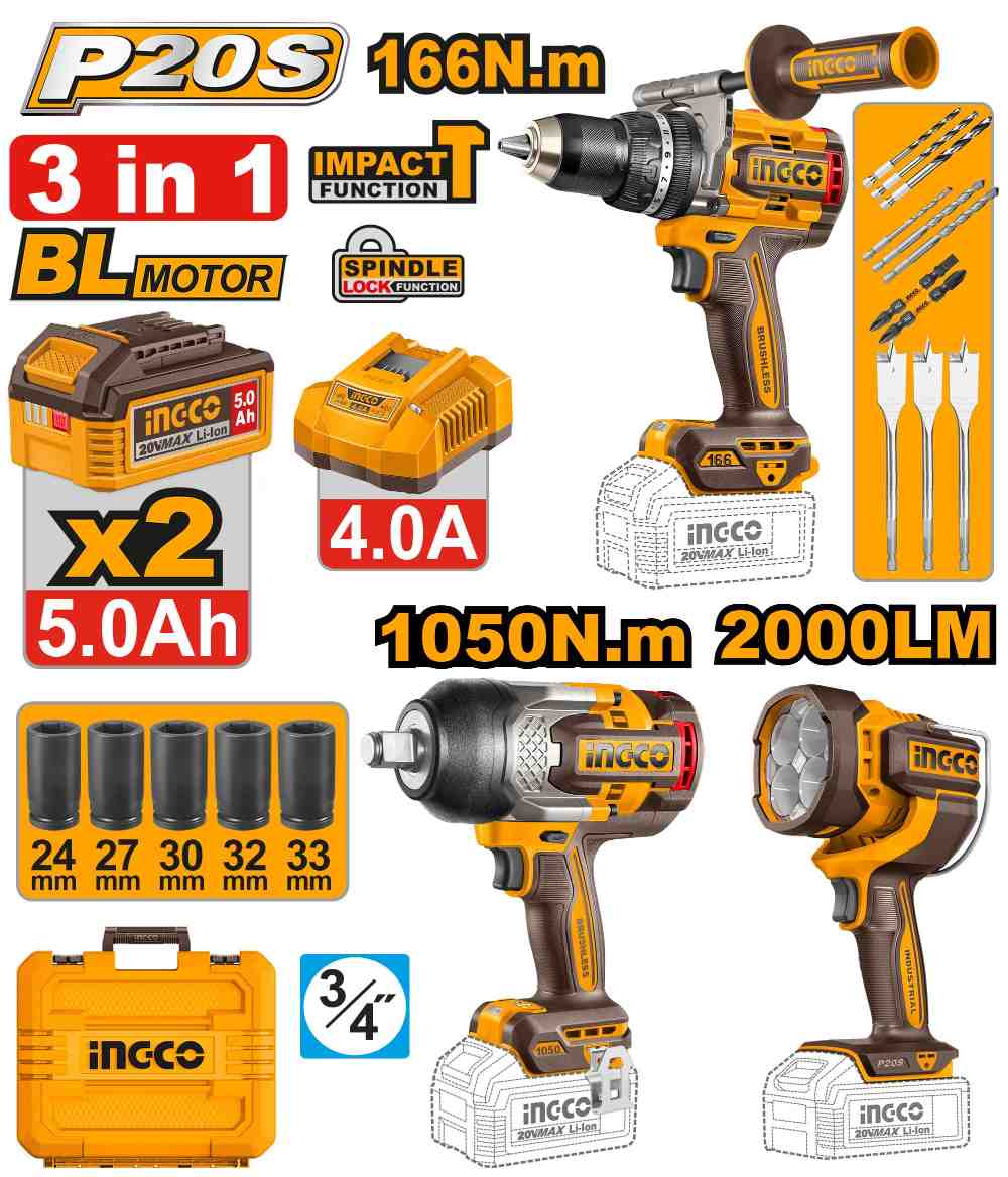 image17.jpeg مجموعة مقدح شاكوش بطارية براشلس 20 فولت احترافي مع فرد شد وكشاف و2 بطارية ليثيوم 5.0Ah وشاحن وشنطة (3 قطعة) - Image 1