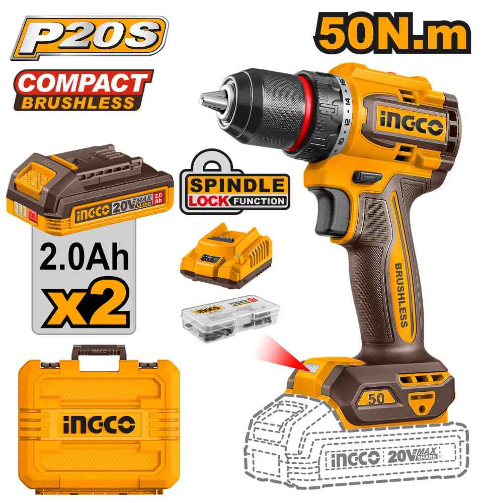 image4.jpeg مقدح بطارية 20 فولت 13 مم 50 نيوتن براشلس احترافي مع 2 بطارية ليثيوم 2.0Ah وشاحن وشنطة (47 قطعة) - Image 1