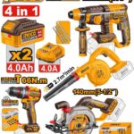 مجموعة مقدح شاكوش بطارية براشلس 20 فولت احترافي مع روتري ومنشار دائري ومنفاخ و2 بطارية ليثيوم 4.0Ah وشاحن وشنطة (47 قطعة)