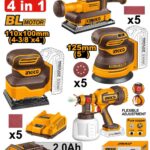 مجموعة حفافة تشطيب 20 فولت احترافي مع حفافة وحفافة مدارية وفرد رش و2 بطارية ليثيوم 2.0Ah وشاحن (4 قطعة)